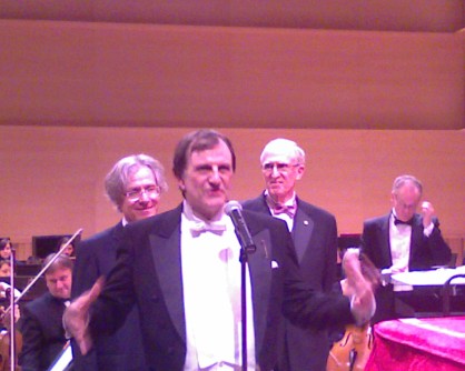 Composer/conductor C. Lyndon-Gee flanked by piano-maker Paolo Fazioli and Adelphi U. President Robert Scott
